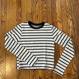 Monrow Black and White Striped Long-Sleeve Crewneck Top